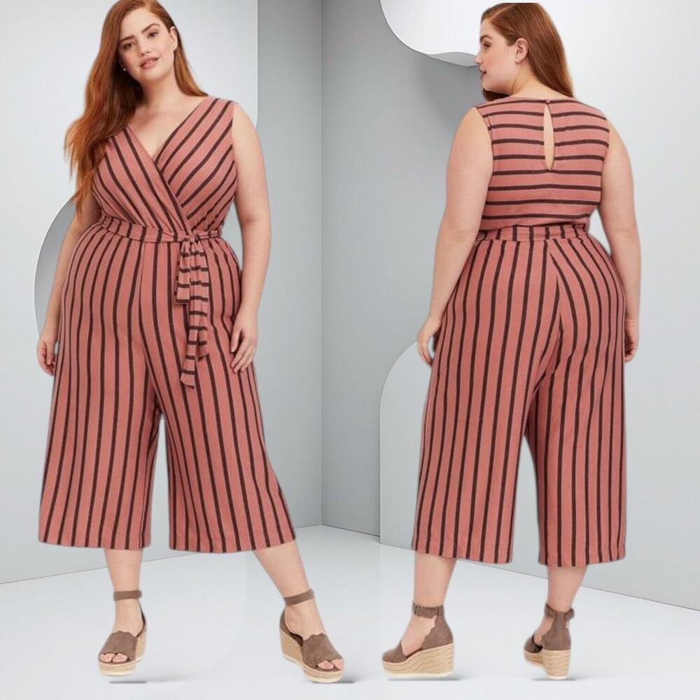 TORRID Wide Leg Jumpsuit Culotte Textured Knit Palazzo Tie Waist Striped Pink 3X